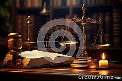 Law and order, the hammer of the judge and the scales of justice, guilt and innocence judicial system, Judge Advocate Stock Photo