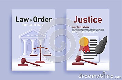 Law and Order poster with court attributes like court building, document and justice scales and judge hammer Vector Illustration