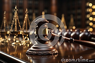 Law symbol gavel and lawyers in firm background, illustrating legal teamwork and service Stock Photo