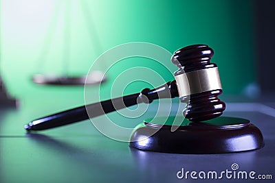 Law symbols, gavel, scale, books, Themis. Law concept background. Stock Photo
