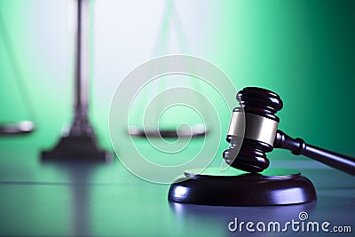 Law symbols, gavel, scale, books, Themis. Law concept background. Stock Photo