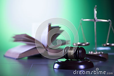 Law symbols, gavel, scale, books, Themis. Law concept background. Stock Photo