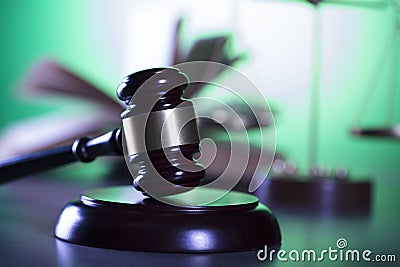 Law symbols, gavel, scale, books, Themis. Law concept background. Stock Photo