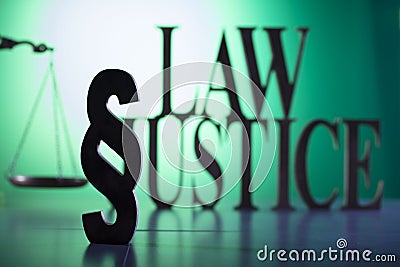 Law symbols, gavel, scale, books, Themis. Law concept background. Stock Photo