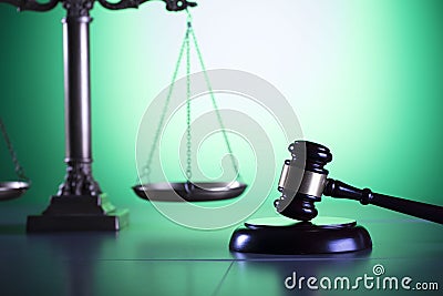 Law symbols, gavel, scale, books, Themis. Law concept background. Stock Photo