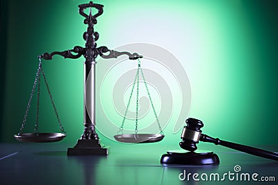 Law symbols, gavel, scale, books, Themis. Law concept background. Stock Photo