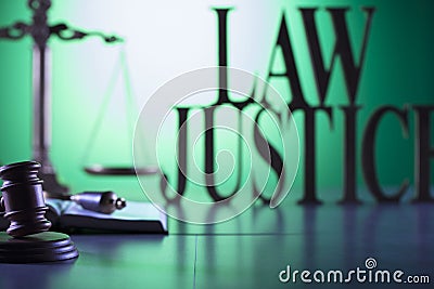 Law symbols, gavel, scale, books, Themis. Law concept background. Stock Photo