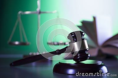 Law symbols, gavel, scale, books, Themis. Law concept background. Stock Photo