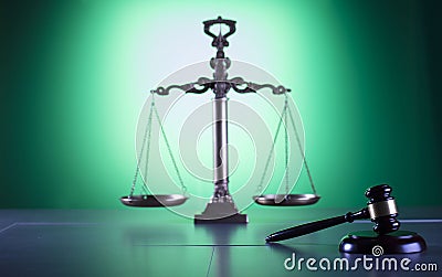 Law symbols, gavel, scale, books, Themis. Law concept background. Stock Photo