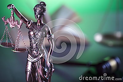 Law symbols, gavel, scale, books, Themis. Law concept background. Stock Photo