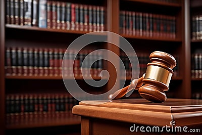 Law theme, mallet of judge, bookshelf in background, Generative AI Stock Photo