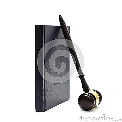 Law theme, mallet of the judge, justice scale, hourglass, book Stock Photo