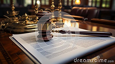 Law theme, mallet of the judge, justice scale, mirror reflection background Stock Photo