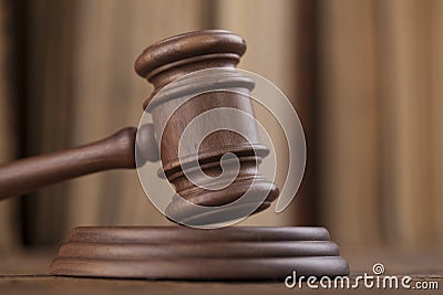 Law theme, mallet of judge, wooden gavel Stock Photo