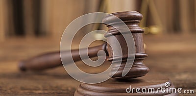 Law theme, mallet of judge, wooden gavel Stock Photo