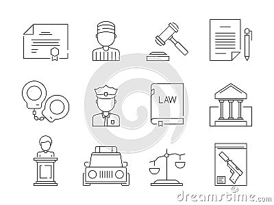 Law thin icon. Legal lawyer criminal judgement sheriff and police justice punishment vector symbols isolated Vector Illustration