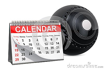 Lawn bowl ball with calendar, lawn bowl events calendar concept. 3D rendering Stock Photo