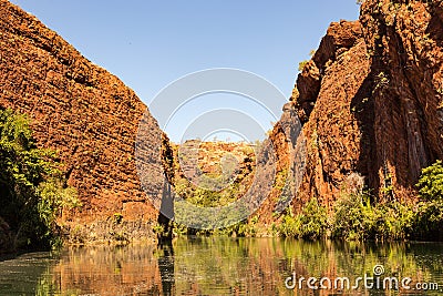 Lawn Hill Gorge is formed by Lawn Hill Creek, which is fed by numerous freshwater springs from the limestone plateau to the west Stock Photo