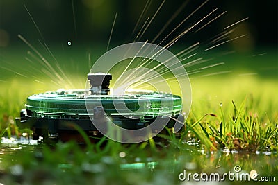 Lawn irrigation Automatic sprinkler system conserves water, with adjustable head Stock Photo