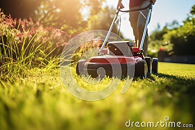 Lawn mover on green grass in modern garden. Machine for cutting lawns Stock Photo