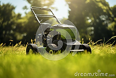 Lawn mover on green grass in modern garden. Machine for cutting lawns Stock Photo