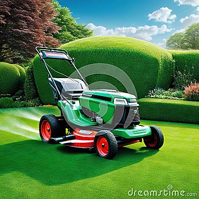 lawn mower is being used to mow Cartoon Illustration