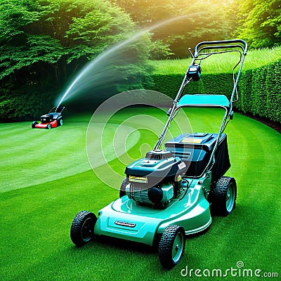 lawn mower is being used to mow Cartoon Illustration