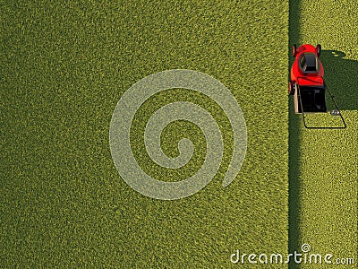 Lawn mower on green field Stock Photo