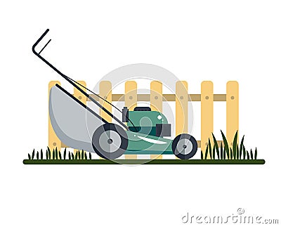 Lawn mower machine icon technology equipment tool, gardening grass-cutter with grass and fence isolated on white Vector Illustration