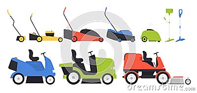 Lawn mower set for garden grass cutting, tractor, push machine and portable equipment Cartoon Illustration