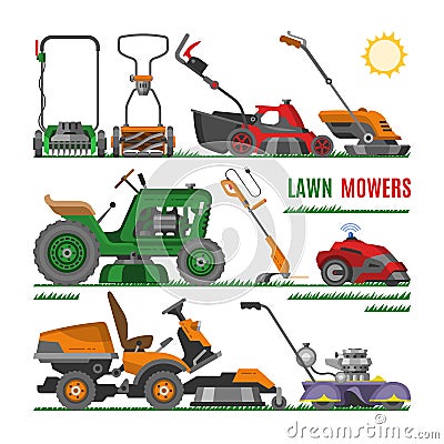 Lawn mower vector gardening lawnmower equipment mowing cutter tool illustration set of mower-engine machine grass-cutter Vector Illustration