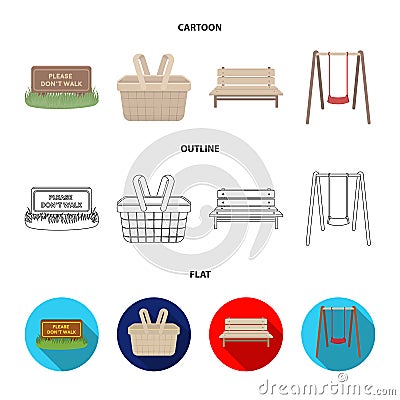 Lawn with a sign, a basket with food, a bench, a swing. Park set collection icons in cartoon,outline,flat style vector Vector Illustration