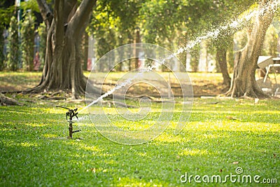 Lawn sprinkler watering grass in garden under sunlight Stock Photo