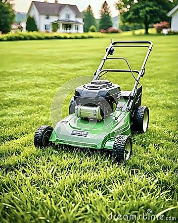 Lawnmower on freshly mowed lawn in front of suburban house Stock Photo