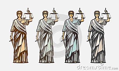 Lawsuit, judge symbol. Lady justice, judgment, defence, justitia concept. Vintage vector illustration Vector Illustration