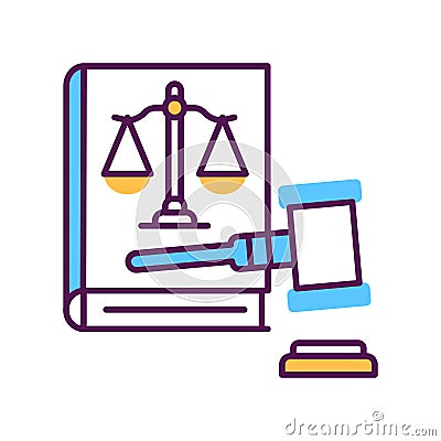 Lawsuit line color icon. Judiciary concept. Gavel, scales of justice on book element. Vector Illustration