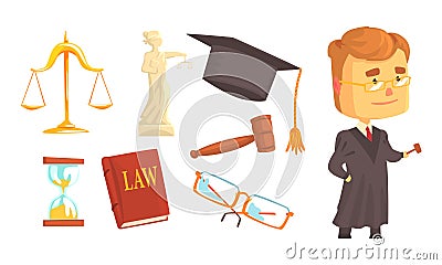 Lawyer Attributes and Judge Wearing Gown Vector Set Vector Illustration