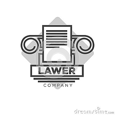 Lawyer company logotype with antique pillar and document illustrations Vector Illustration