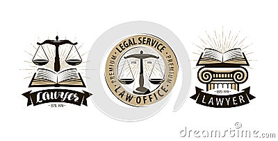 Lawyer, law office logo or label. Legal services, justice, judicial scales symbol. Vector Vector Illustration