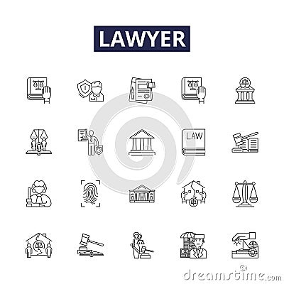 Lawyer line vector icons and signs. Attorney, Barrister, Solicitor, Counsellor, Mediator, Negotiator, Jurist Vector Illustration