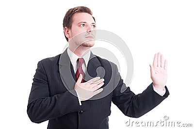 Lawyer making oath or swearing gesture Stock Photo