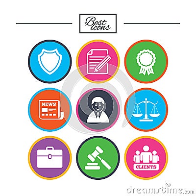 Lawyer, scales of justice icons. Auction hammer. Vector Illustration