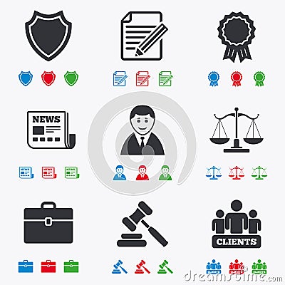 Lawyer, scales of justice icons. Auction hammer Vector Illustration