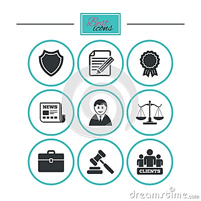 Lawyer, scales of justice icons. Auction hammer. Vector Illustration