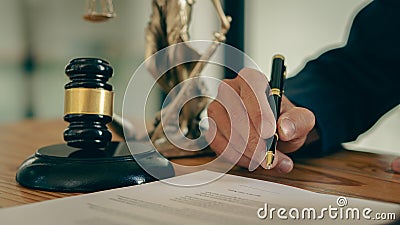 Lawyers` offices work on papers and tiger skins with hammers and scales of the Goddess of Justice on the legal advisory table. Stock Photo