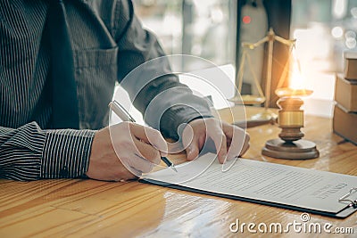 Lawyers` offices work on papers and tiger skins with hammers and scales of the Goddess of Justice on the legal advisory table. Stock Photo