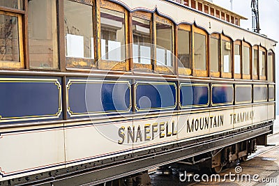 Laxey, Isle of Man, June 15, 2019. The Snaefell Mountain Railway is an electric mountain railway on the Isle of Man Editorial Stock Photo