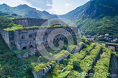 13-Layer Remains Remains of Copper Refinery Aerial View in Yinyang Sea of Shuinandong, Ruifang District, New Taipei, Taiwan. Stock Photo