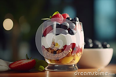 Layered Berry Yogurt Parfait with Granola Stock Photo