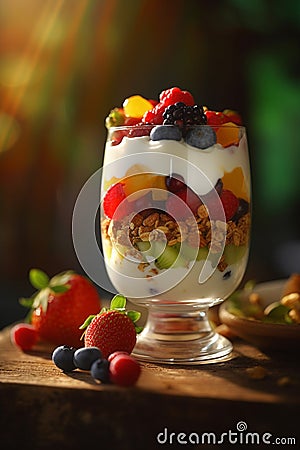 Layered Berry Yogurt Parfait with Granola Stock Photo